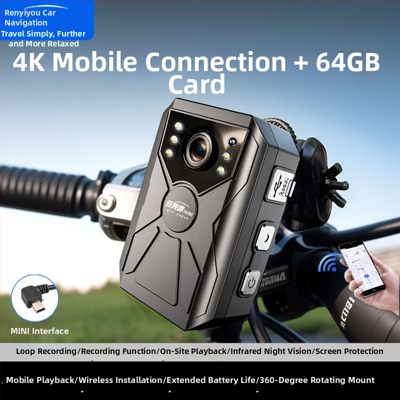 Cameră de bord pentru motocicletă, 4K+, unghi de vizualizare 170°, Wi‑Fi, card SD de 256 GB, suport ghidon