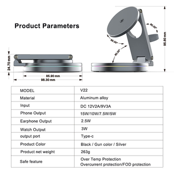 Mágneses Qi2 vezeték nélküli töltő 3-in-1 összecsukható tartóval, 360°-os forgás, cinköntvény kivitel, 15W kimenet, QC3.0