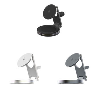Mágneses Qi2 vezeték nélküli töltő 3-in-1 összecsukható tartóval, 360°-os forgás, cinköntvény kivitel, 15W kimenet, QC3.0