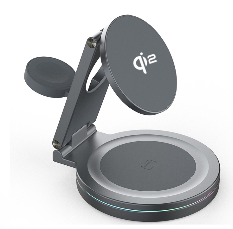 Mágneses Qi2 vezeték nélküli töltő 3-in-1 összecsukható tartóval, 360°-os forgás, cinköntvény kivitel, 15W kimenet, QC3.0