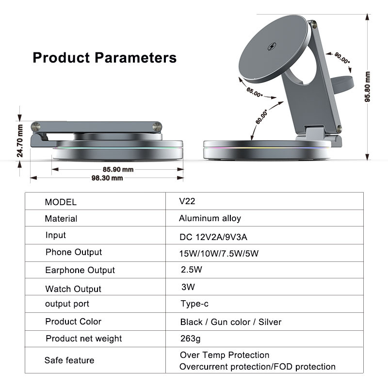 Mágneses Qi2 vezeték nélküli töltő 3-in-1 összecsukható tartóval, 360°-os forgás, cinköntvény kivitel, 15W kimenet, QC3.0
