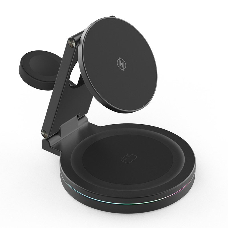 Mágneses Qi2 vezeték nélküli töltő 3-in-1 összecsukható tartóval, 360°-os forgás, cinköntvény kivitel, 15W kimenet, QC3.0