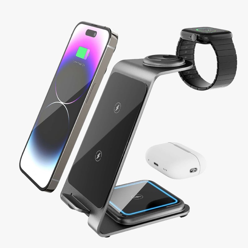 Uspravni bežični punjač, 3-u-1 stolni punjač, 15W brzo punjenje, QC3.0, kompatibilan s iPhone 14 i Huawei