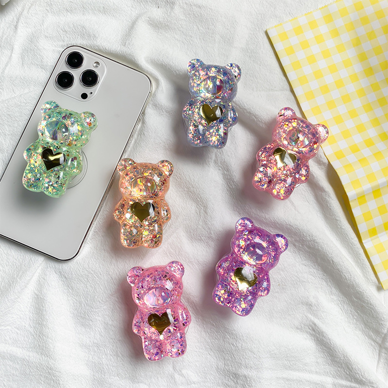 Stolni držač za telefon Bear Stand s dizajnom medvjeda, ukrasnim glitter detaljima i izvučivim mehanizmom; kompatibilan s većinom telefona