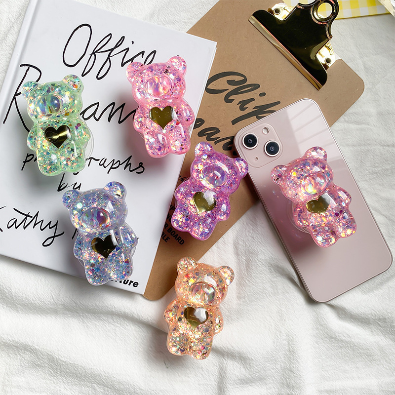 Stolni držač za telefon Bear Stand s dizajnom medvjeda, ukrasnim glitter detaljima i izvučivim mehanizmom; kompatibilan s većinom telefona