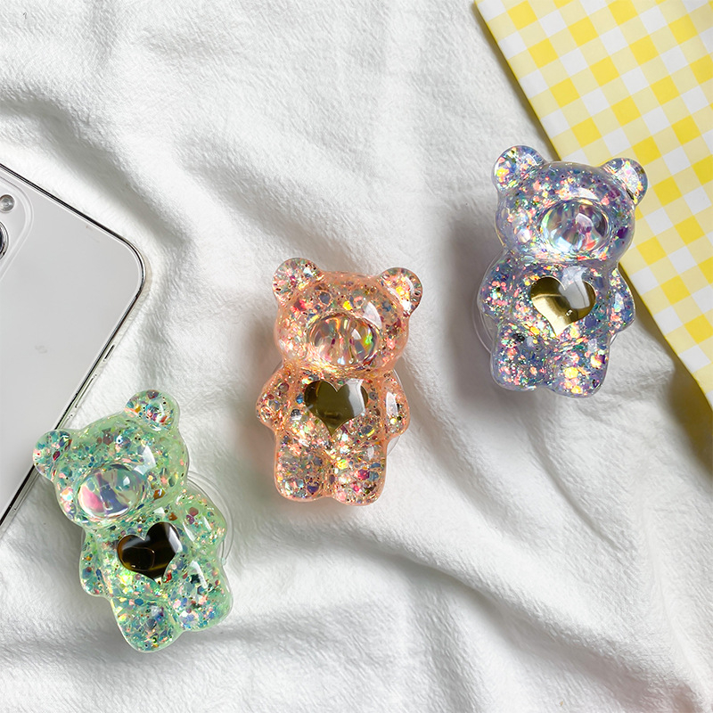 Stolni držač za telefon Bear Stand s dizajnom medvjeda, ukrasnim glitter detaljima i izvučivim mehanizmom; kompatibilan s većinom telefona
