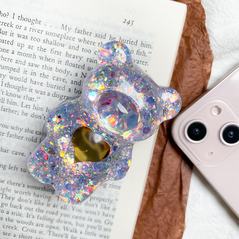 Stolni držač za telefon Bear Stand s dizajnom medvjeda, ukrasnim glitter detaljima i izvučivim mehanizmom; kompatibilan s većinom telefona