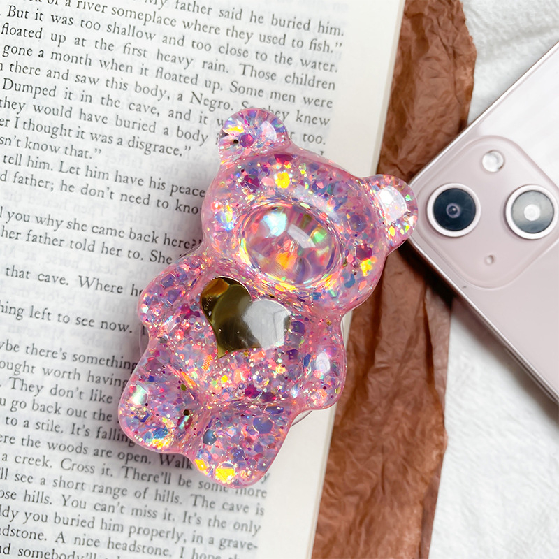 Stolni držač za telefon Bear Stand s dizajnom medvjeda, ukrasnim glitter detaljima i izvučivim mehanizmom; kompatibilan s većinom telefona