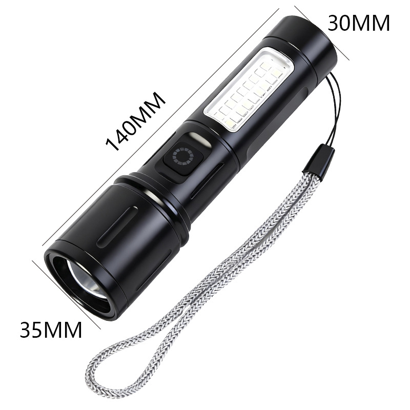 LED baterijska svjetiljka od aluminijske legure s teleskopskim zumom i bočnim svjetlom, 10W, domet 200–500 m, punjiva, 1200 mAh, višefunkcionalna