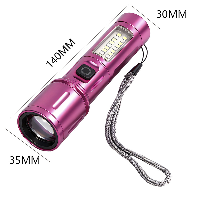 LED baterijska svjetiljka od aluminijske legure s teleskopskim zumom i bočnim svjetlom, 10W, domet 200–500 m, punjiva, 1200 mAh, višefunkcionalna