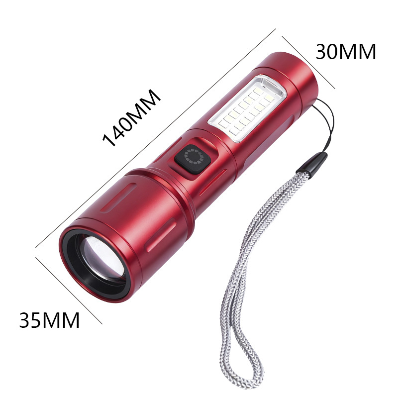 LED baterijska svjetiljka od aluminijske legure s teleskopskim zumom i bočnim svjetlom, 10W, domet 200–500 m, punjiva, 1200 mAh, višefunkcionalna