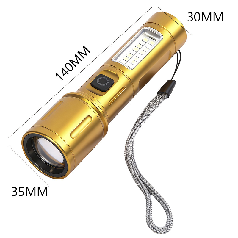 LED baterijska svjetiljka od aluminijske legure s teleskopskim zumom i bočnim svjetlom, 10W, domet 200–500 m, punjiva, 1200 mAh, višefunkcionalna