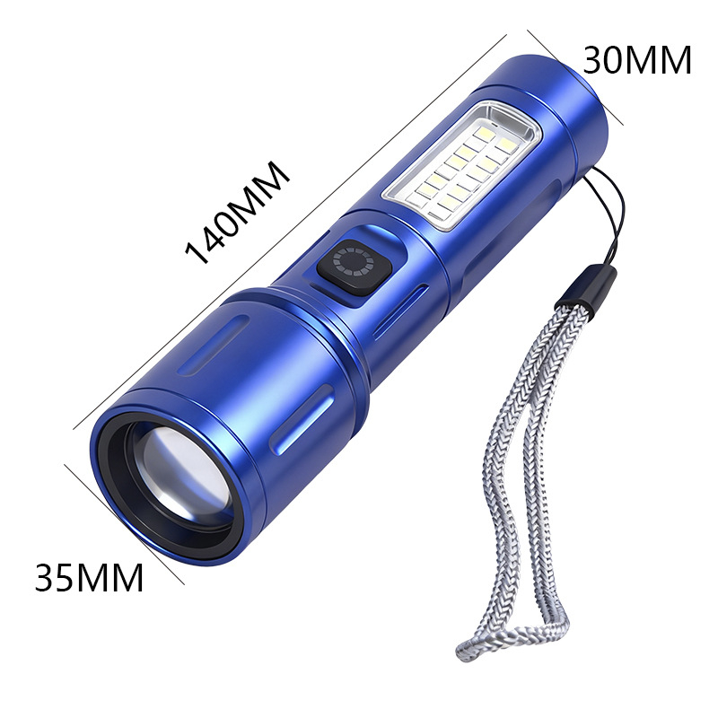 LED baterijska svjetiljka od aluminijske legure s teleskopskim zumom i bočnim svjetlom, 10W, domet 200–500 m, punjiva, 1200 mAh, višefunkcionalna