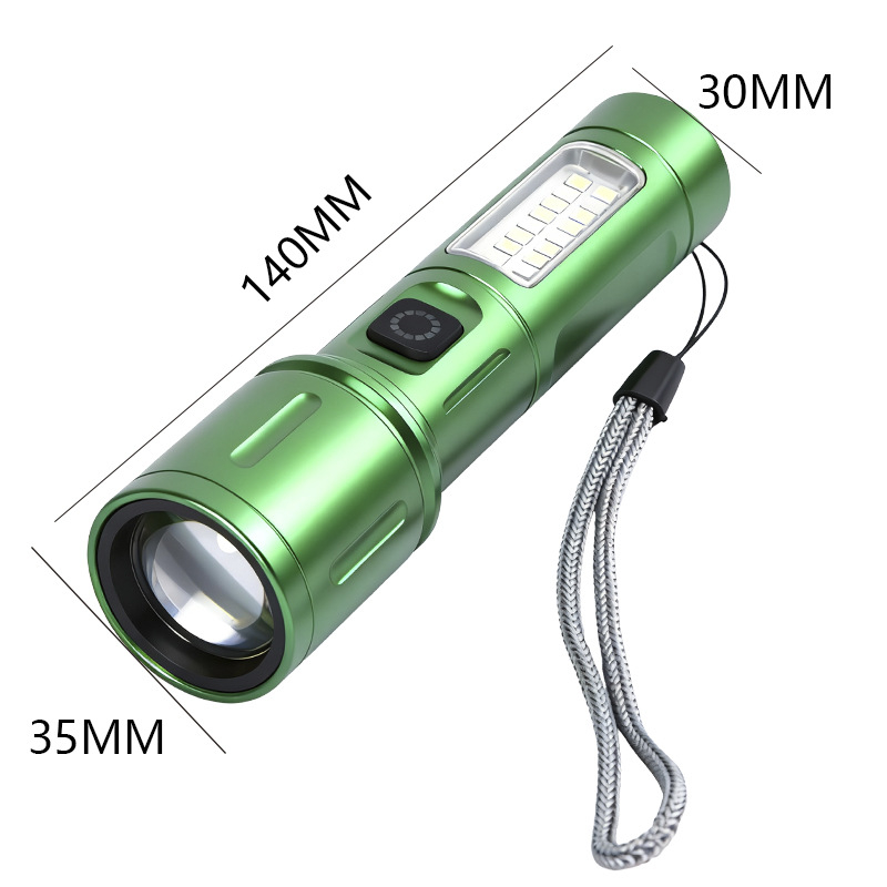 LED baterijska svjetiljka od aluminijske legure s teleskopskim zumom i bočnim svjetlom, 10W, domet 200–500 m, punjiva, 1200 mAh, višefunkcionalna