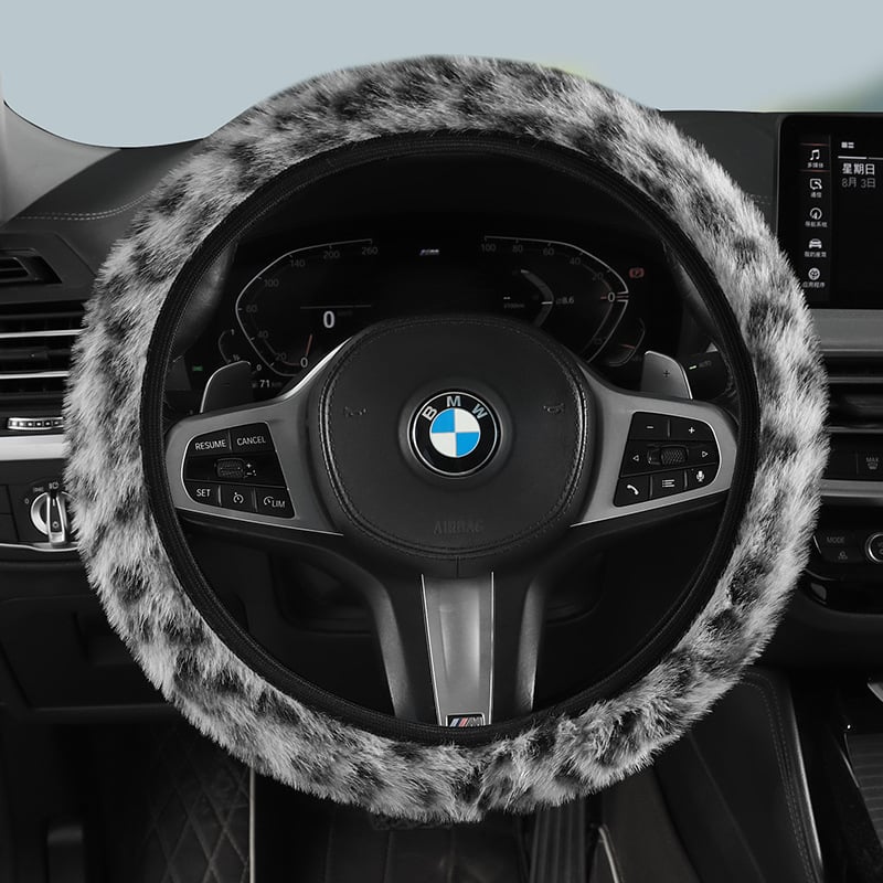 Kormánykerék borítás - rugalmas univerzális illeszkedés, téli plüss, csúszásmentes, leopard mintás füllel, Junluhao