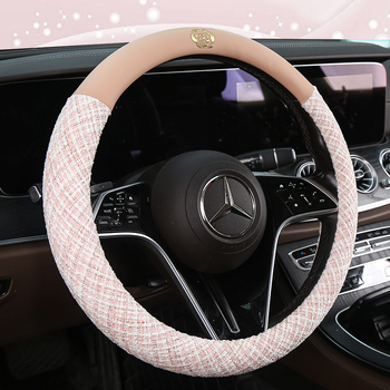 Manșon pentru volan auto din amestec de in și piele-cotton, cu motiv Camellia; marca Che ai ren; potrivire universală; toate sezoanele; procesare și personalizare disponibile