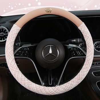 Manșon pentru volan auto din amestec de in și piele-cotton, cu motiv Camellia; marca Che ai ren; potrivire universală; toate sezoanele; procesare și personalizare disponibile