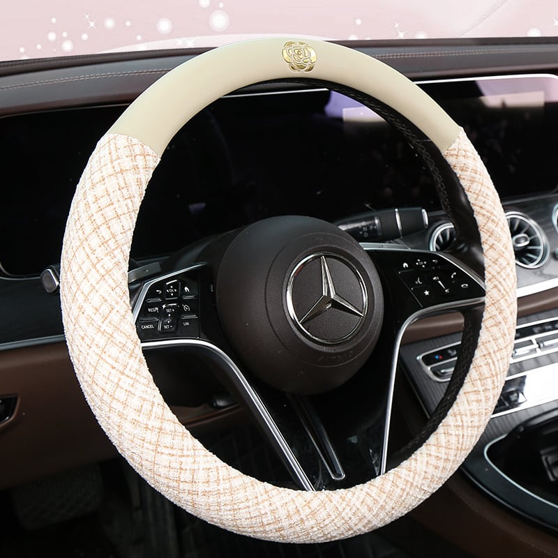 Manșon pentru volan auto din amestec de in și piele-cotton, cu motiv Camellia; marca Che ai ren; potrivire universală; toate sezoanele; procesare și personalizare disponibile