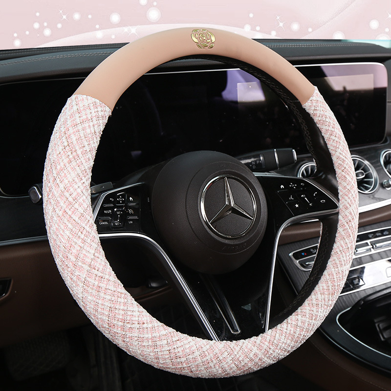 Manșon pentru volan auto din amestec de in și piele-cotton, cu motiv Camellia; marca Che ai ren; potrivire universală; toate sezoanele; procesare și personalizare disponibile