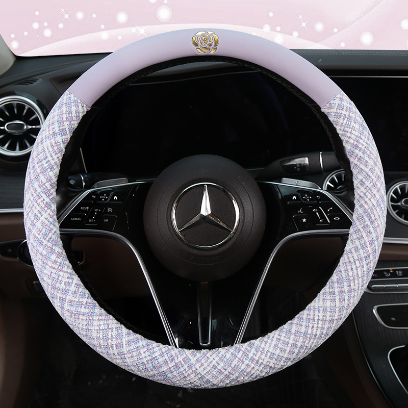 Manșon pentru volan auto din amestec de in și piele-cotton, cu motiv Camellia; marca Che ai ren; potrivire universală; toate sezoanele; procesare și personalizare disponibile
