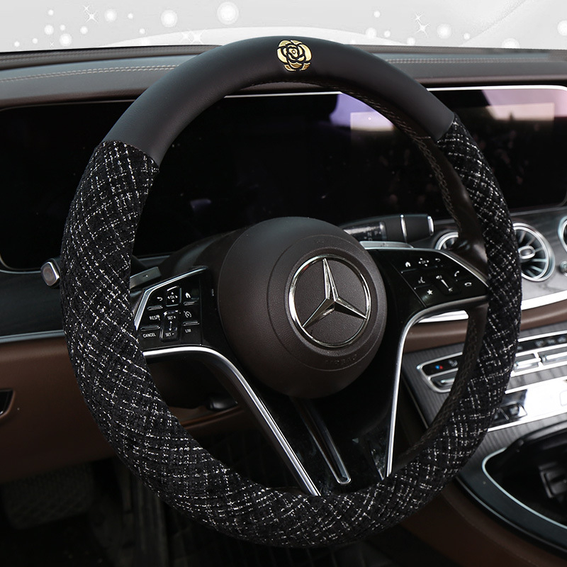 Manșon pentru volan auto din amestec de in și piele-cotton, cu motiv Camellia; marca Che ai ren; potrivire universală; toate sezoanele; procesare și personalizare disponibile