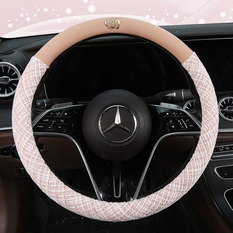 Manșon pentru volan auto din amestec de in și piele-cotton, cu motiv Camellia; marca Che ai ren; potrivire universală; toate sezoanele; procesare și personalizare disponibile
