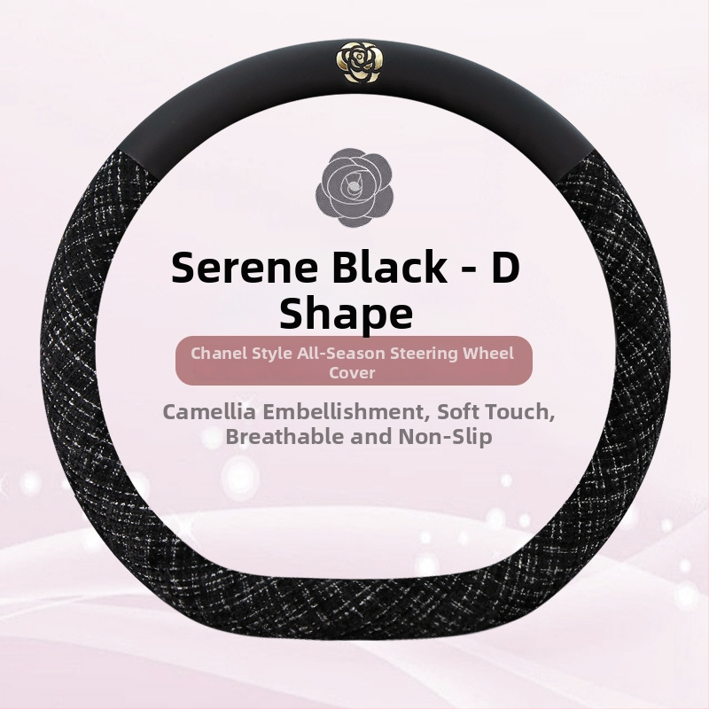 Manșon pentru volan auto din amestec de in și piele-cotton, cu motiv Camellia; marca Che ai ren; potrivire universală; toate sezoanele; procesare și personalizare disponibile