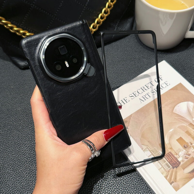 Carcasă pentru telefon Honor MagicV3 cu suport pentru lentile, balama pe axă centrală, piele naturală, protecție completă, rezistentă la șocuri și uzură