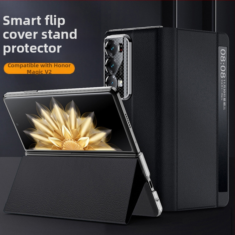 Carcasă din piele pentru Honor Magic V2, cu suport încorporat și fereastră inteligentă de somn – protecție la șocuri, disipare a căldurii, antiamprentă, rezistentă la uzură