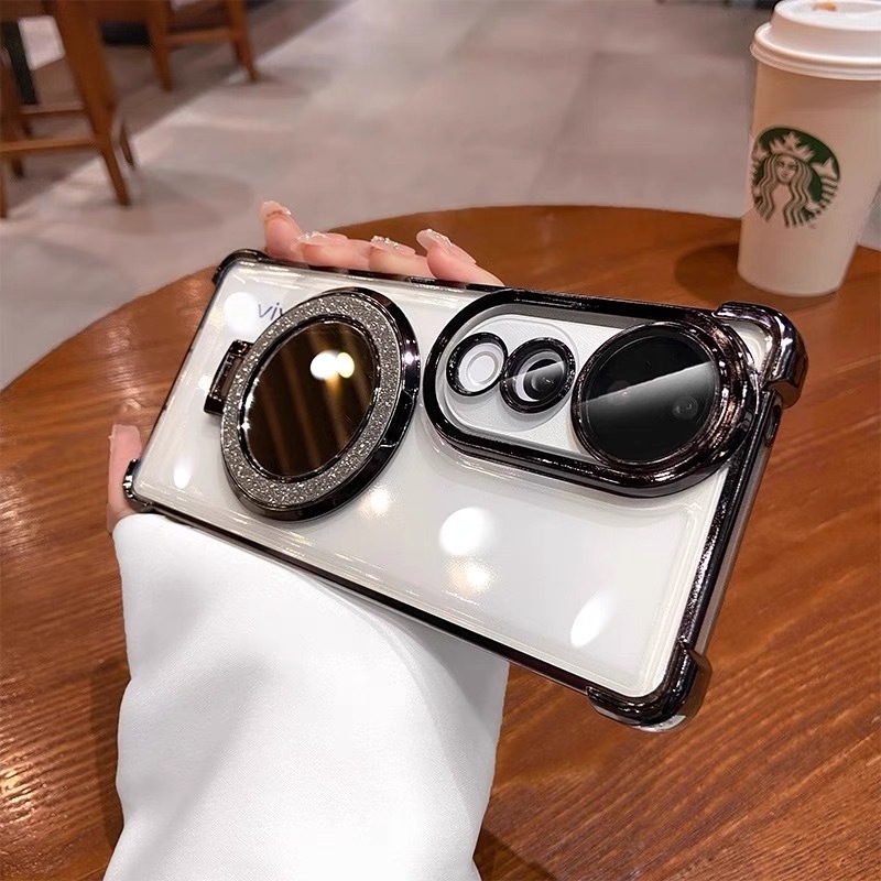 Θήκη κινητού vivo — ηλεκτροπλατιωμένη διαφανής προστασία από πτώσεις, με καθρέπτης μακιγιάζ και φακό X100, μαλακή