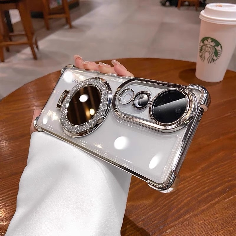 Θήκη κινητού vivo — ηλεκτροπλατιωμένη διαφανής προστασία από πτώσεις, με καθρέπτης μακιγιάζ και φακό X100, μαλακή