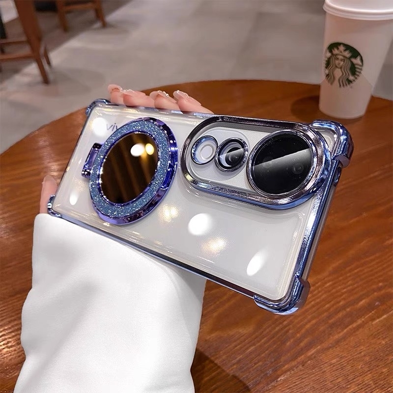 Θήκη κινητού vivo — ηλεκτροπλατιωμένη διαφανής προστασία από πτώσεις, με καθρέπτης μακιγιάζ και φακό X100, μαλακή