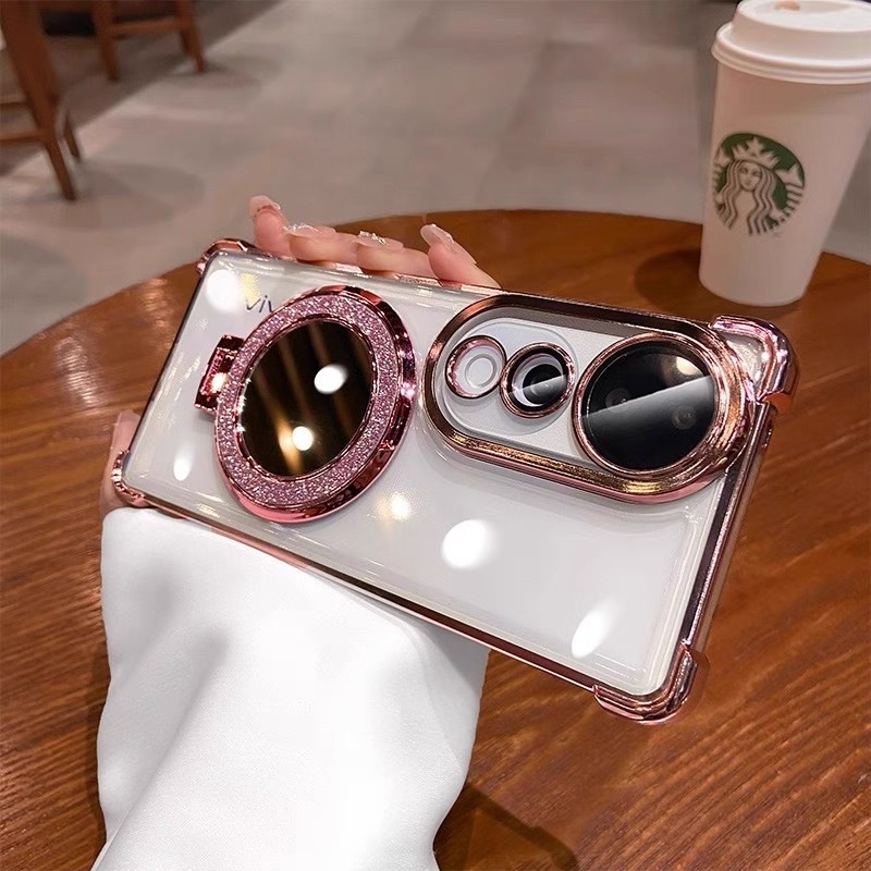 Θήκη κινητού vivo — ηλεκτροπλατιωμένη διαφανής προστασία από πτώσεις, με καθρέπτης μακιγιάζ και φακό X100, μαλακή