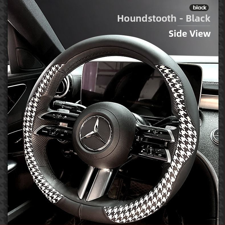 Powerful Merchant Kryt volantu z umelej kože – vzor houndstooth, letné použitie, univerzálna kompatibilita, inštalácia pre vozidlo