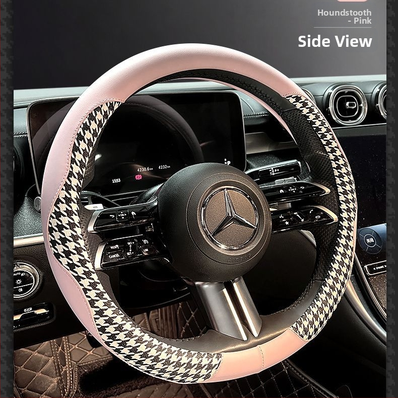 Powerful Merchant Kryt volantu z umelej kože – vzor houndstooth, letné použitie, univerzálna kompatibilita, inštalácia pre vozidlo