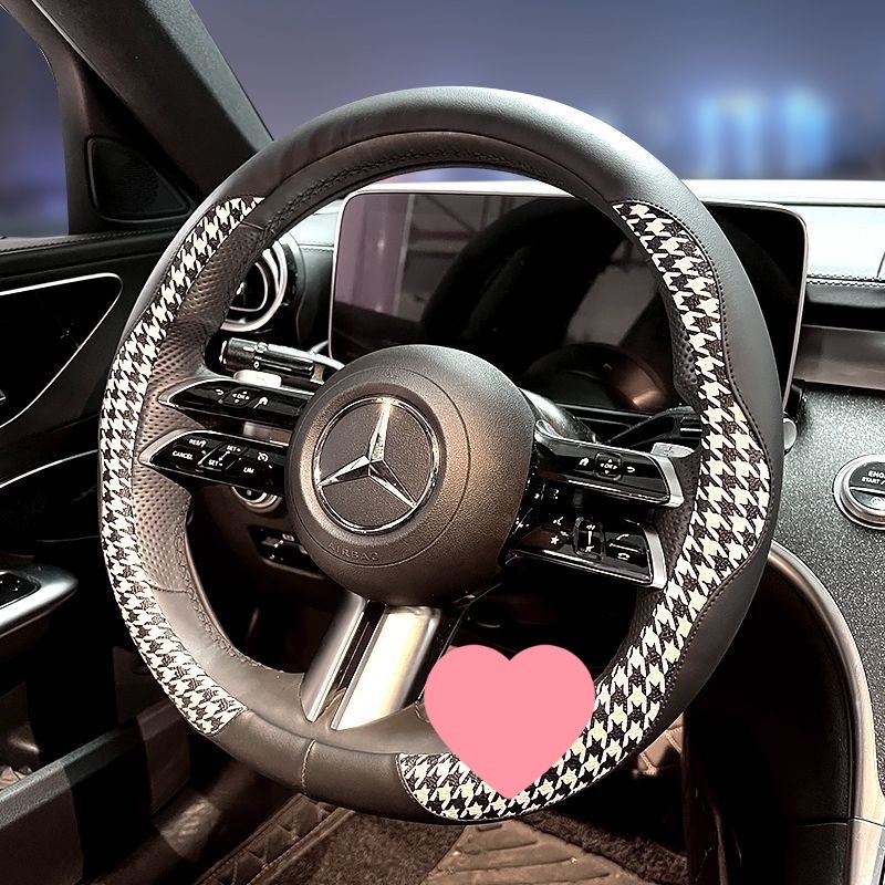 Powerful Merchant Kryt volantu z umelej kože – vzor houndstooth, letné použitie, univerzálna kompatibilita, inštalácia pre vozidlo