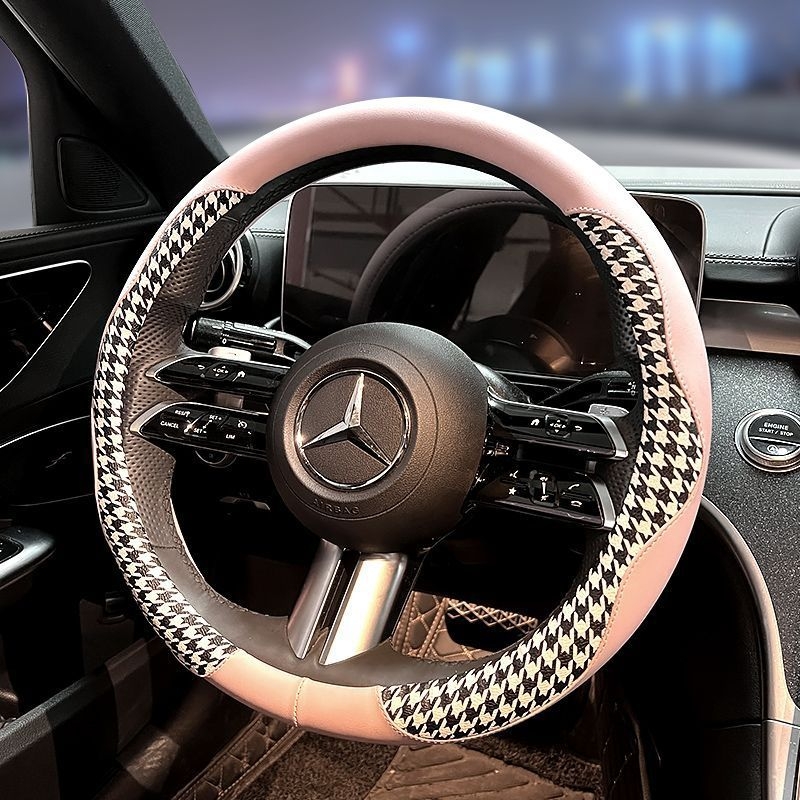 Powerful Merchant Kryt volantu z umelej kože – vzor houndstooth, letné použitie, univerzálna kompatibilita, inštalácia pre vozidlo