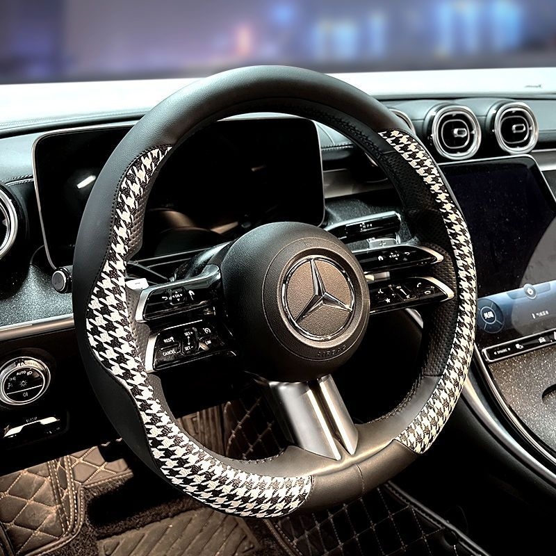 Powerful Merchant Kryt volantu z umelej kože – vzor houndstooth, letné použitie, univerzálna kompatibilita, inštalácia pre vozidlo