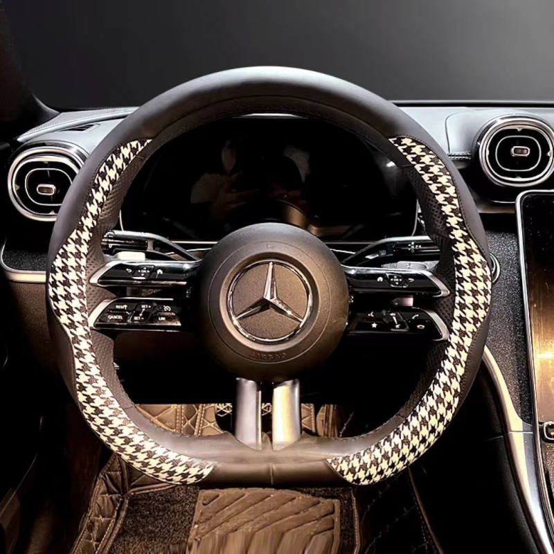 Powerful Merchant Kryt volantu z umelej kože – vzor houndstooth, letné použitie, univerzálna kompatibilita, inštalácia pre vozidlo