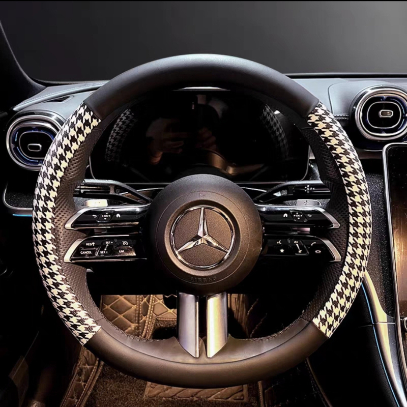 Powerful Merchant Kryt volantu z umelej kože – vzor houndstooth, letné použitie, univerzálna kompatibilita, inštalácia pre vozidlo
