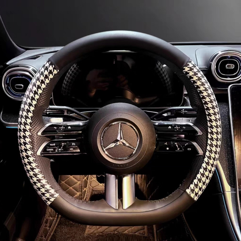Powerful Merchant Kryt volantu z umelej kože – vzor houndstooth, letné použitie, univerzálna kompatibilita, inštalácia pre vozidlo