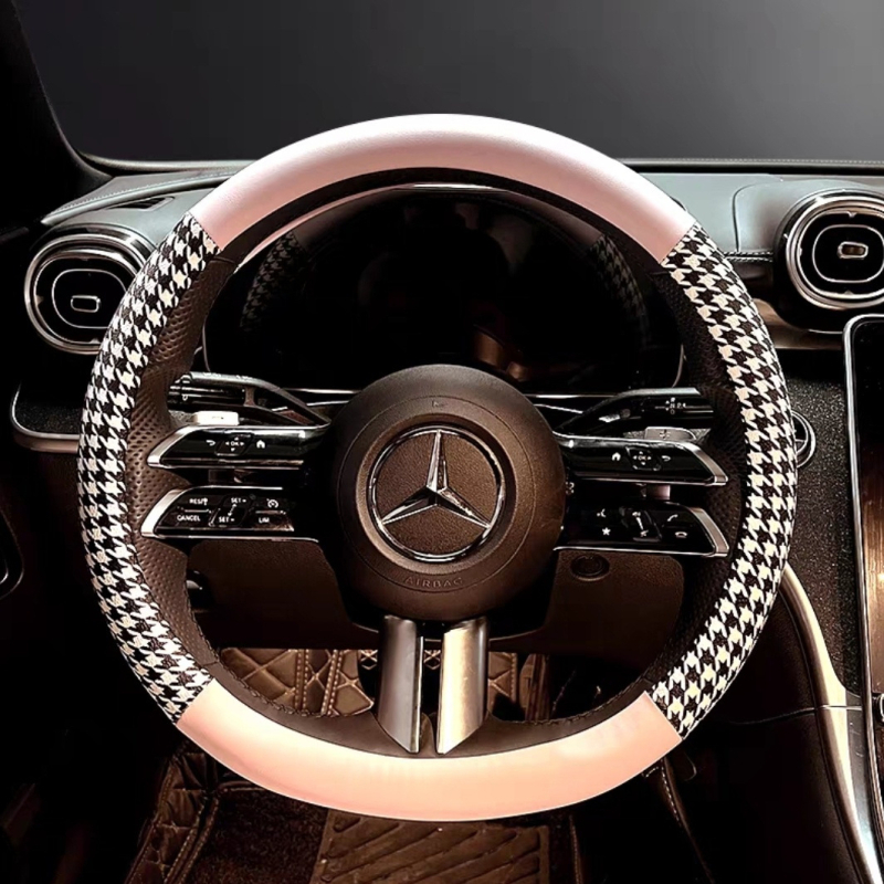 Powerful Merchant Kryt volantu z umelej kože – vzor houndstooth, letné použitie, univerzálna kompatibilita, inštalácia pre vozidlo