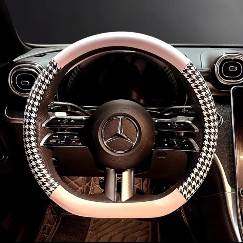 Powerful Merchant Kryt volantu z umelej kože – vzor houndstooth, letné použitie, univerzálna kompatibilita, inštalácia pre vozidlo