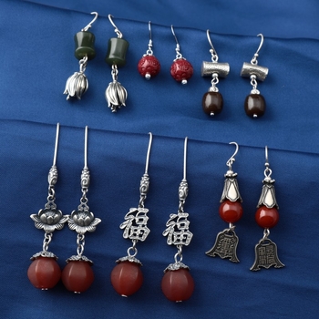 Cercei din argint 925 – design geometric cu boboc floral, cinnabar jasper și agat, stil retro etnic pentru femei