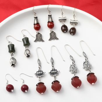 Cercei din argint 925 – design geometric cu boboc floral, cinnabar jasper și agat, stil retro etnic pentru femei