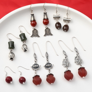 Cercei din argint 925 – design geometric cu boboc floral, cinnabar jasper și agat, stil retro etnic pentru femei