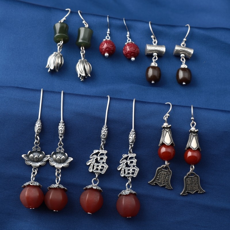 Cercei din argint 925 – design geometric cu boboc floral, cinnabar jasper și agat, stil retro etnic pentru femei