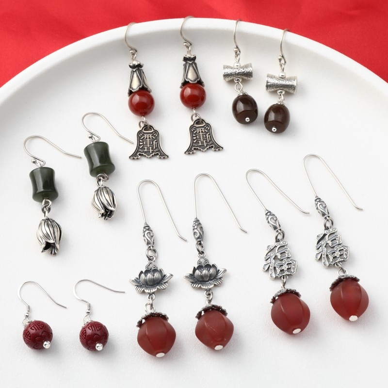 Cercei din argint 925 – design geometric cu boboc floral, cinnabar jasper și agat, stil retro etnic pentru femei