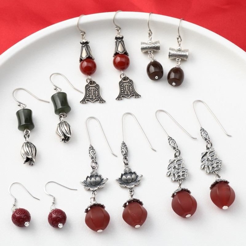 Cercei din argint 925 – design geometric cu boboc floral, cinnabar jasper și agat, stil retro etnic pentru femei