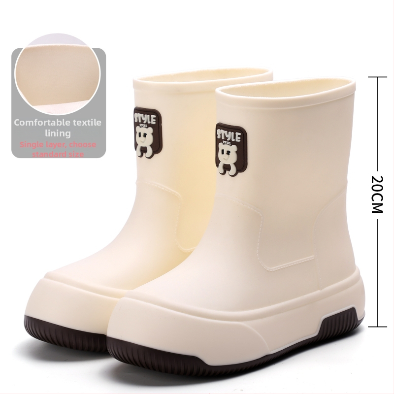 Moteriški lietaus batai su PVC viršumi, trumpas vamzdelio aukštis, plokščias kulnas, vientisas raštas, tinkami visoms sezonoms